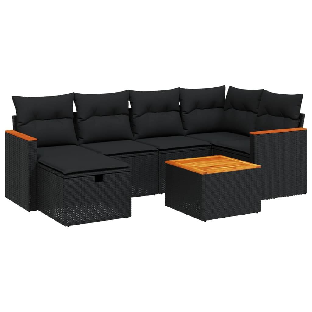 vidaXL 7-tlg. Garten-Sofagarnitur mit Kissen Schwarz Poly Rattan