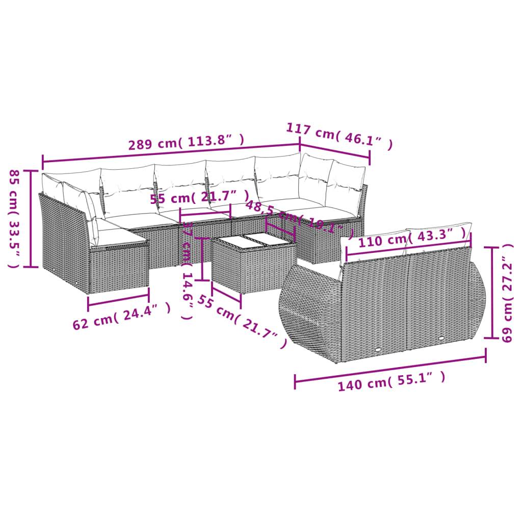 vidaXL 10-tlg. Garten-Sofagarnitur mit Kissen Beige Poly Rattan