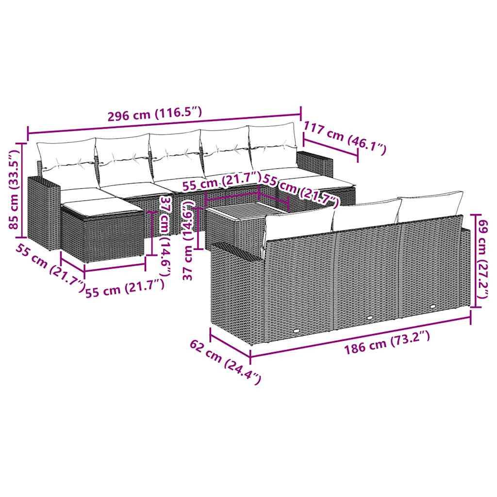 vidaXL 11-tlg. Garten-Sofagarnitur mit Kissen Schwarz Poly Rattan