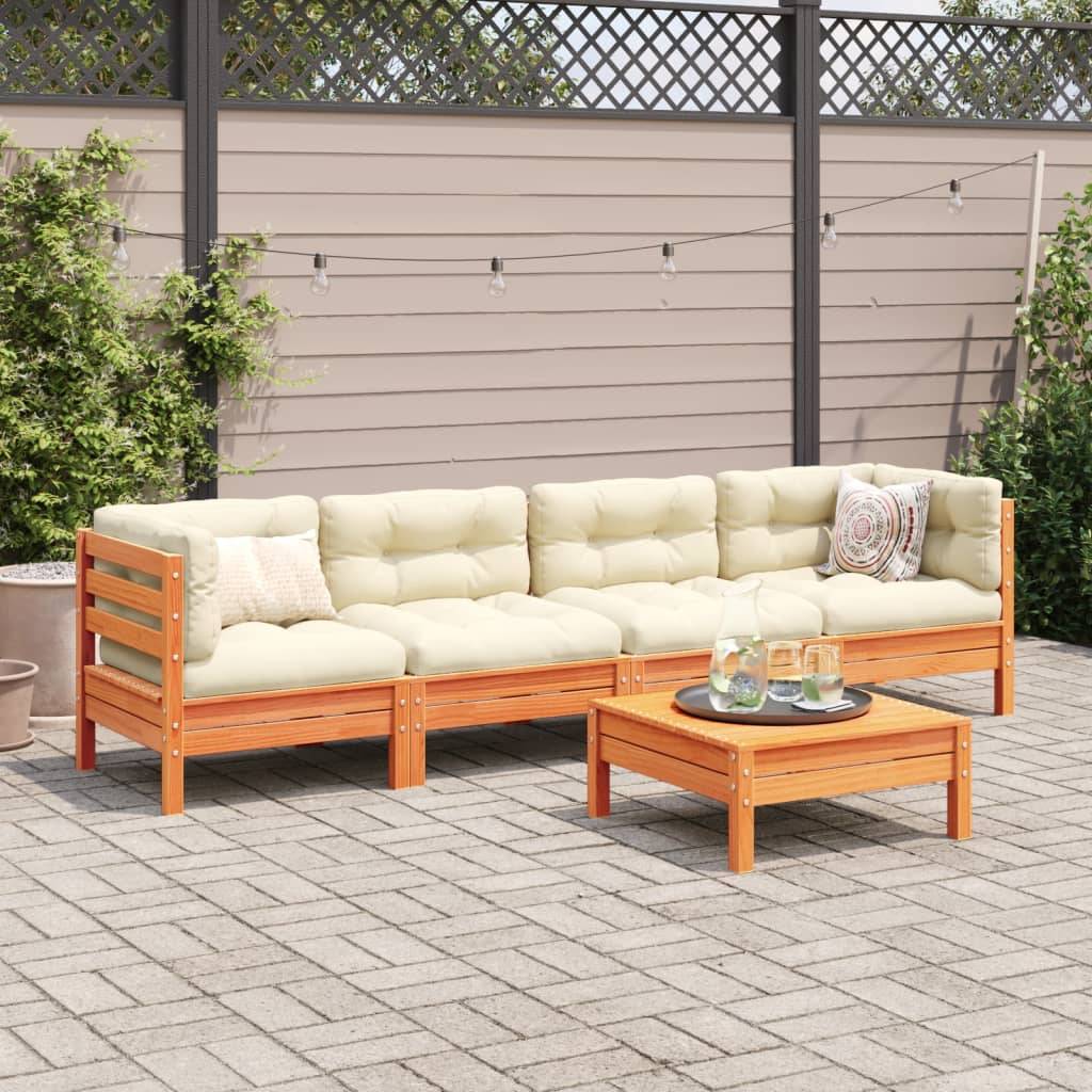 vidaXL 5-tlg. Garten-Sofagarnitur mit Kissen Wachsbraun Kiefernholz