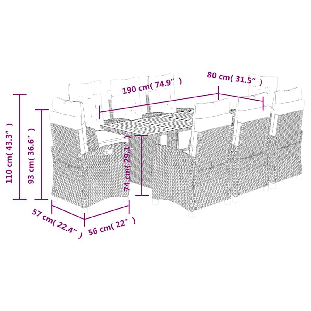 vidaXL 9-tlg. Garten-Essgruppe mit Kissen Schwarz Poly Rattan