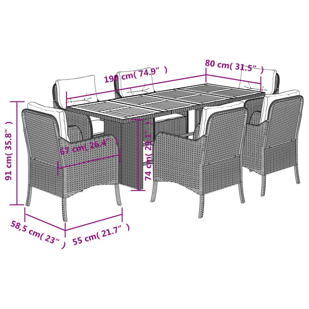 vidaXL 7-tlg. Garten-Essgruppe mit Kissen Beige Poly Rattan