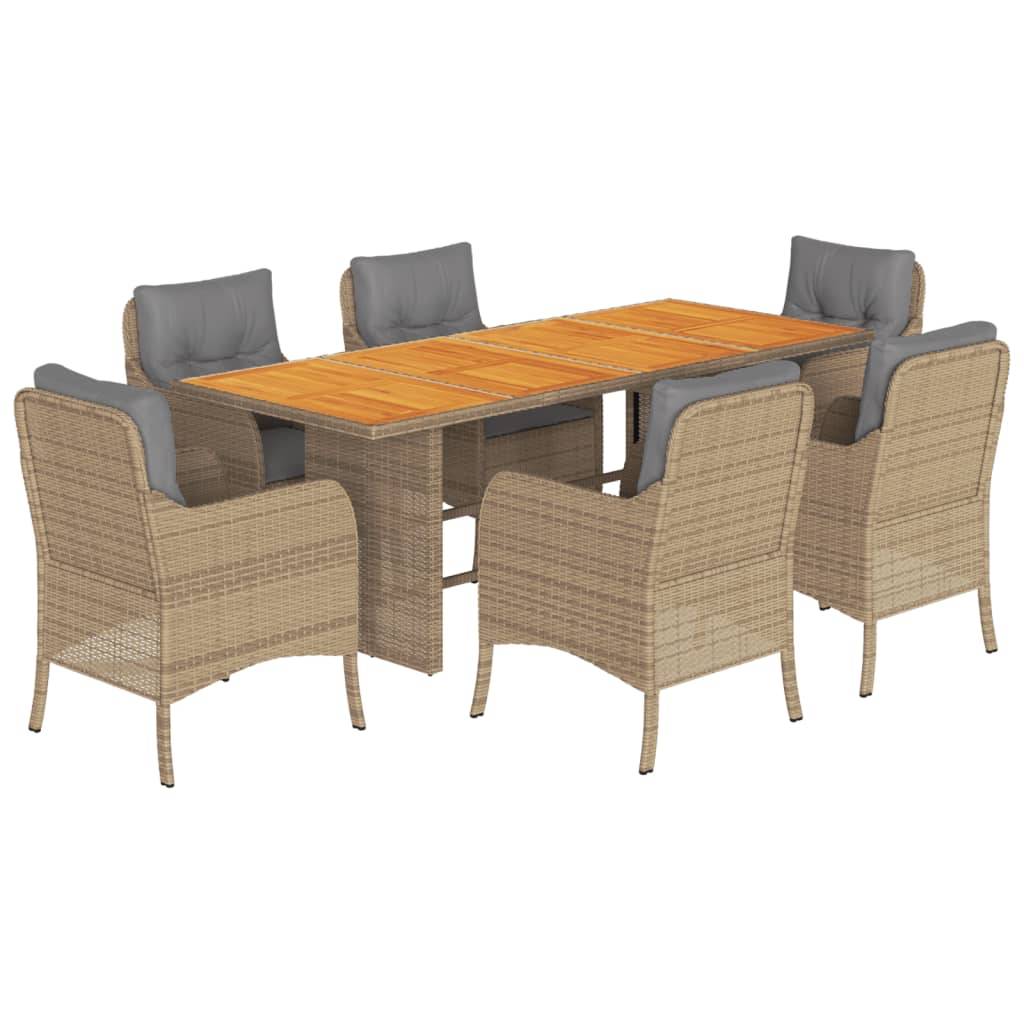 vidaXL 7-tlg. Garten-Essgruppe mit Kissen Beige Poly Rattan