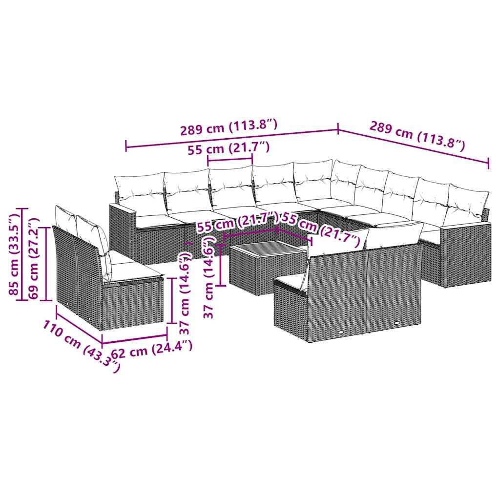 vidaXL 14-tlg. Garten-Sofagarnitur mit Kissen Schwarz Poly Rattan