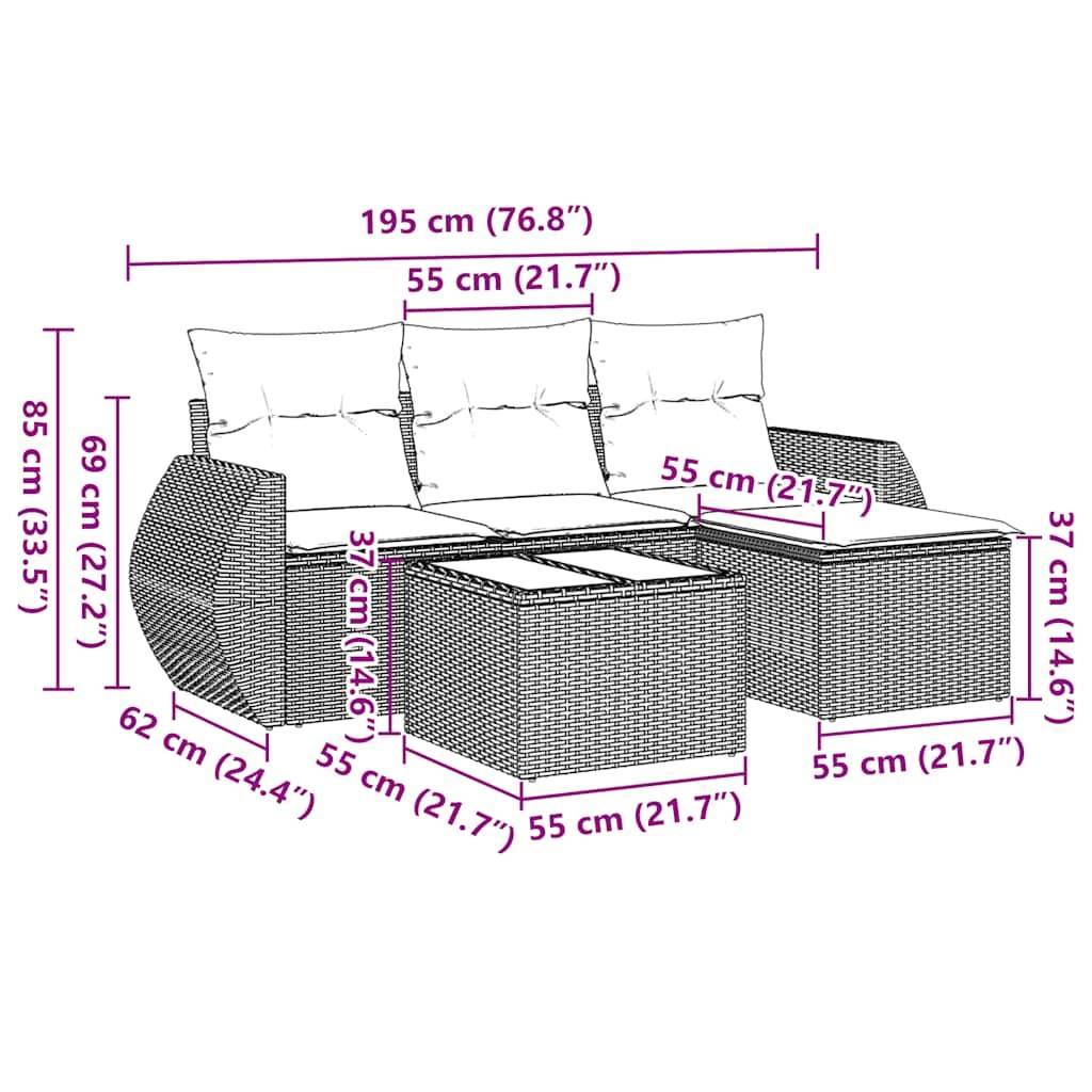 vidaXL 5-tlg. Garten-Sofagarnitur mit Kissen Schwarz Poly Rattan