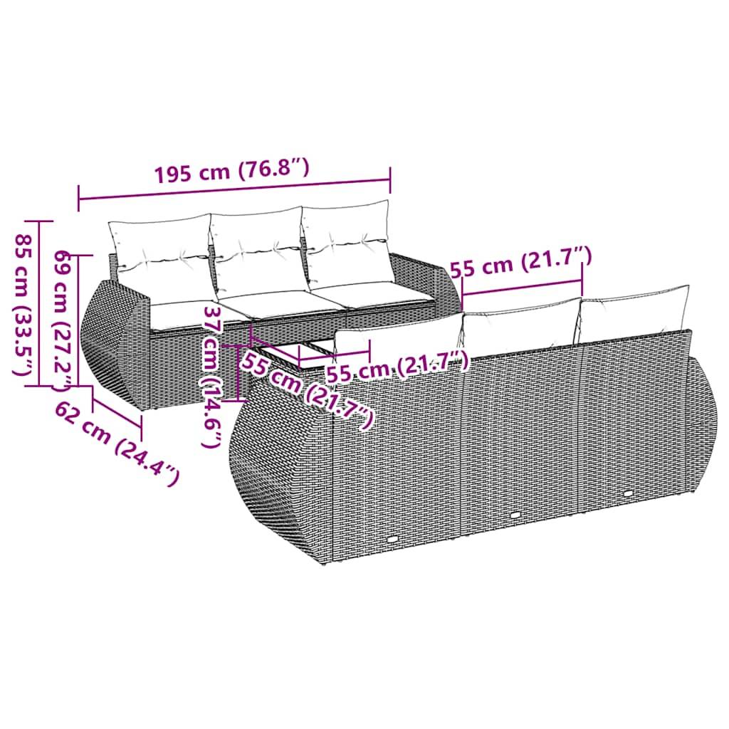vidaXL 7-tlg. Garten-Sofagarnitur mit Kissen Schwarz Poly Rattan