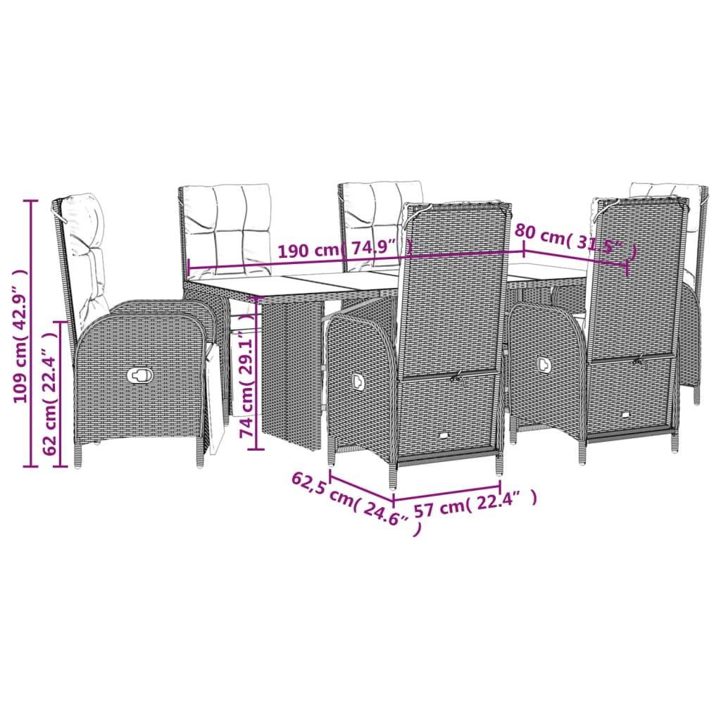 vidaXL 7-tlg. Garten-Essgruppe mit Kissen Grau Poly Rattan
