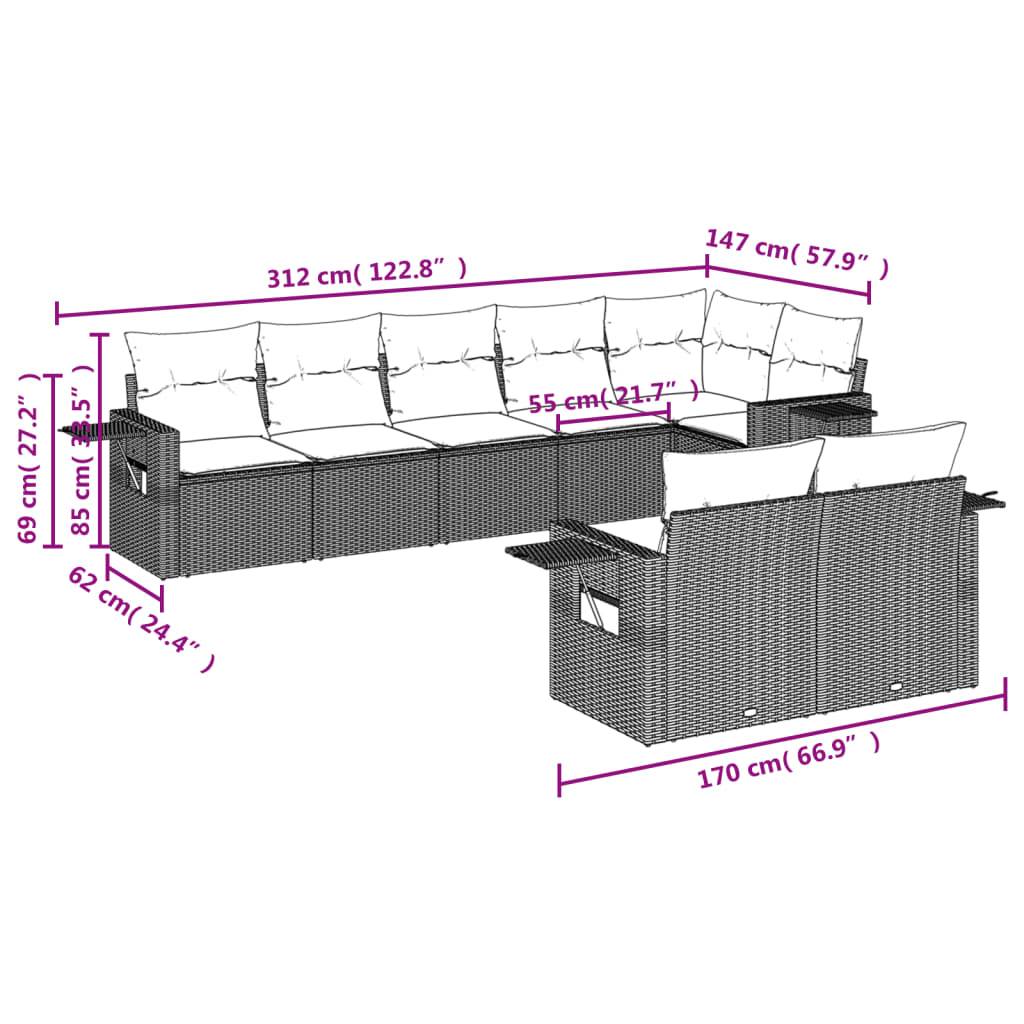 vidaXL 8-tlg. Garten-Sofagarnitur mit Kissen Hellgrau Poly Rattan