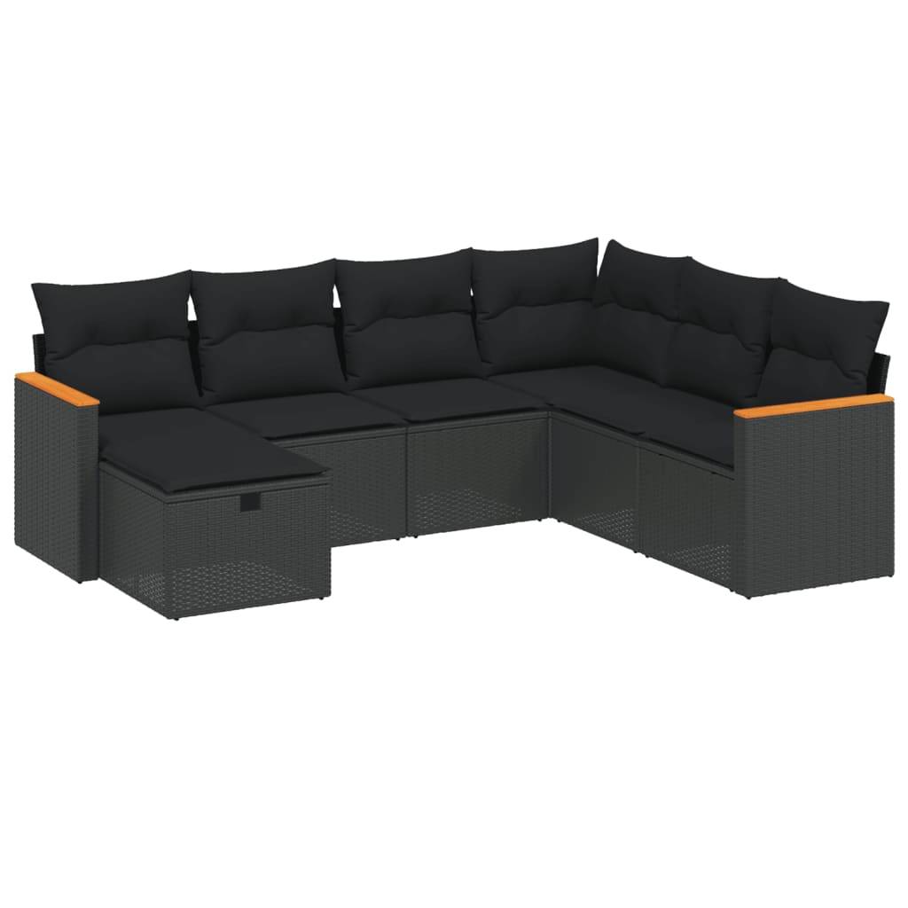 vidaXL 7-tlg. Garten-Sofagarnitur mit Kissen Schwarz Poly Rattan