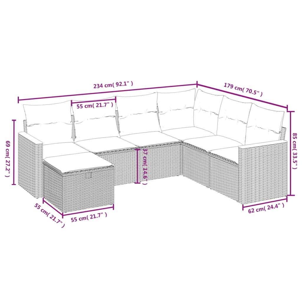 vidaXL 7-tlg. Garten-Sofagarnitur mit Kissen Schwarz Poly Rattan