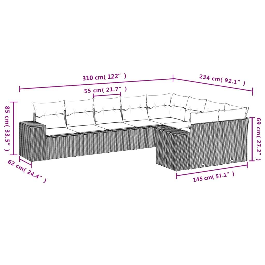vidaXL 9-teiliges Gartensofa-Set mit Kissen, grau, Polyrattan