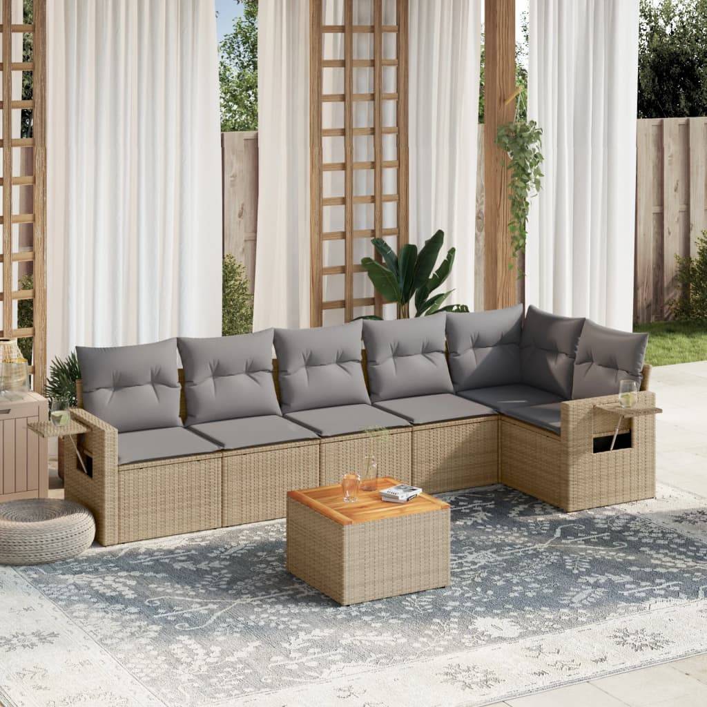 vidaXL 7-tlg. Garten-Sofagarnitur mit Kissen Beige Poly Rattan