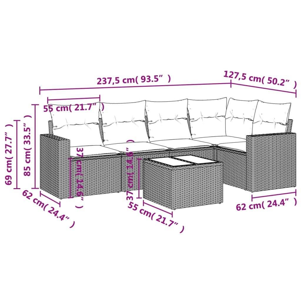 vidaXL 6-tlg. Garten-Sofagarnitur mit Kissen Braun Poly Rattan