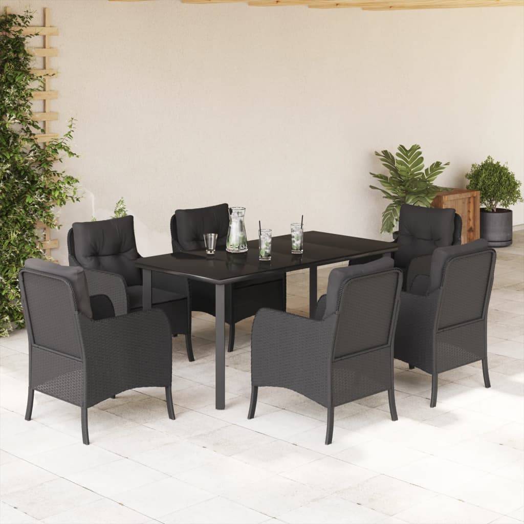 vidaXL 7-tlg. Garten-Essgruppe mit Kissen Schwarz Poly Rattan