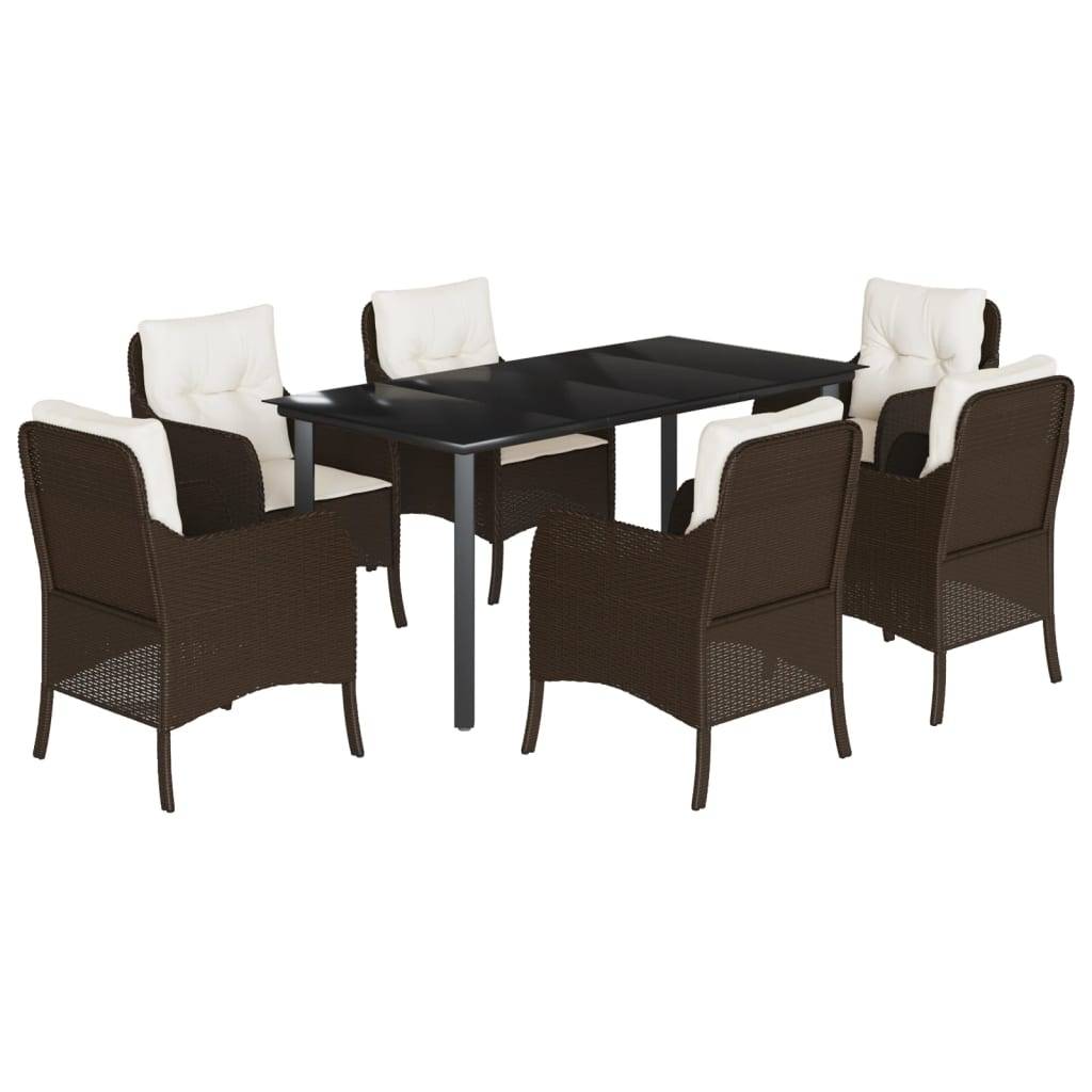 vidaXL 7-tlg. Garten-Essgruppe mit Kissen Braun Poly Rattan
