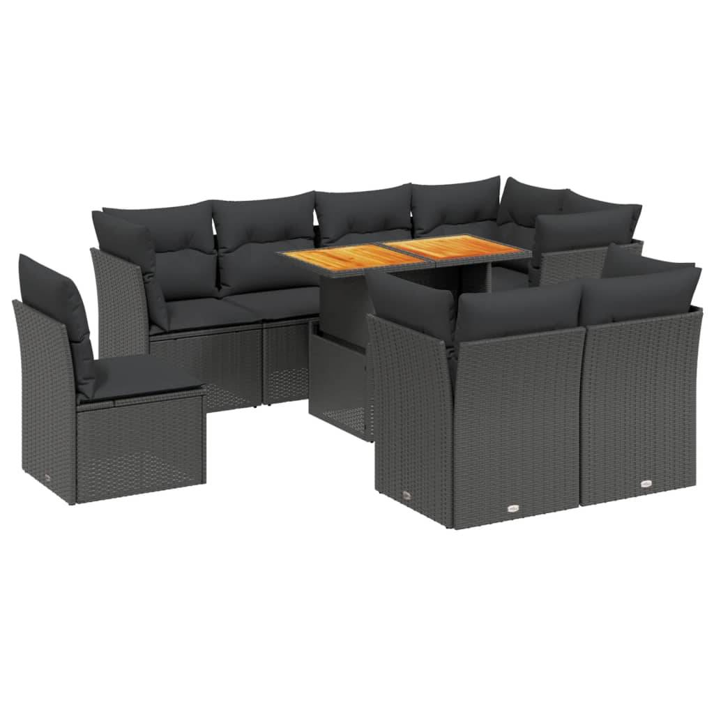 vidaXL 9-tlg. Garten-Sofagarnitur mit Kissen Schwarz Poly Rattan