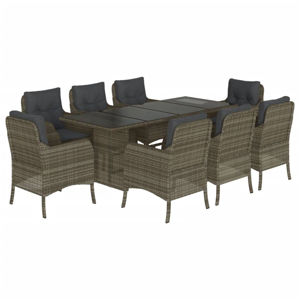 vidaXL 9-tlg. Garten-Essgruppe mit Kissen Grau Poly Rattan