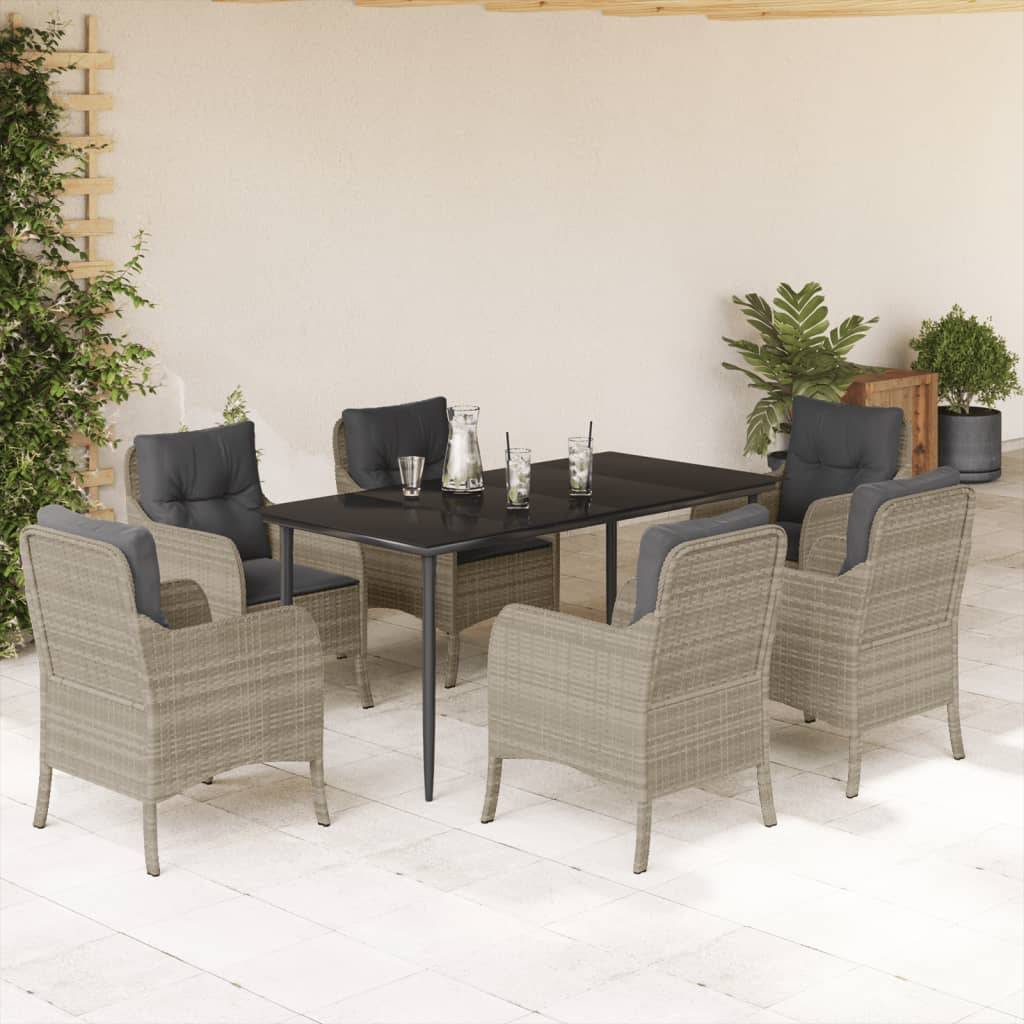 vidaXL 7-tlg. Garten-Essgruppe mit Kissen Hellgrau Poly Rattan