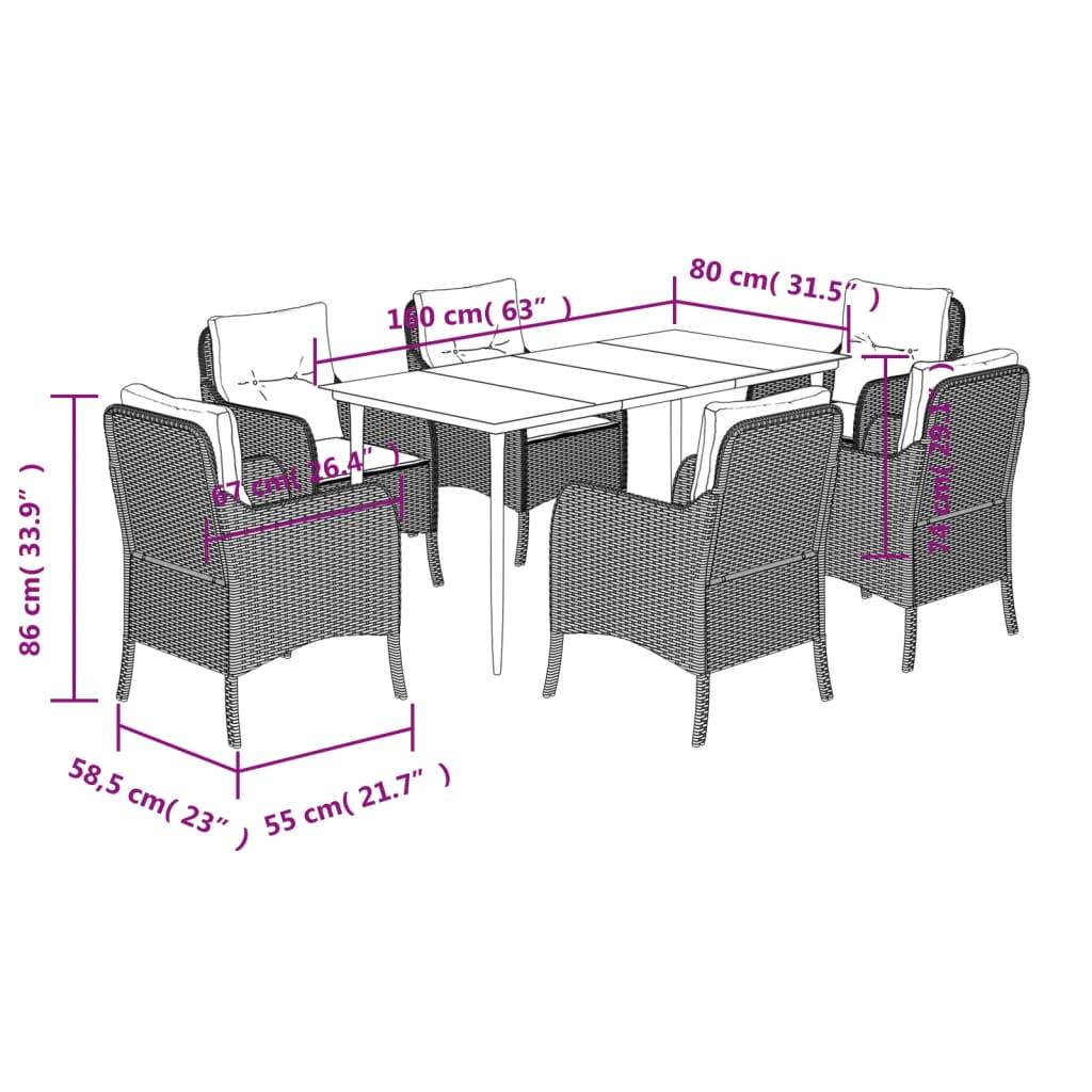 vidaXL 7-tlg. Garten-Essgruppe mit Kissen Schwarz Poly Rattan