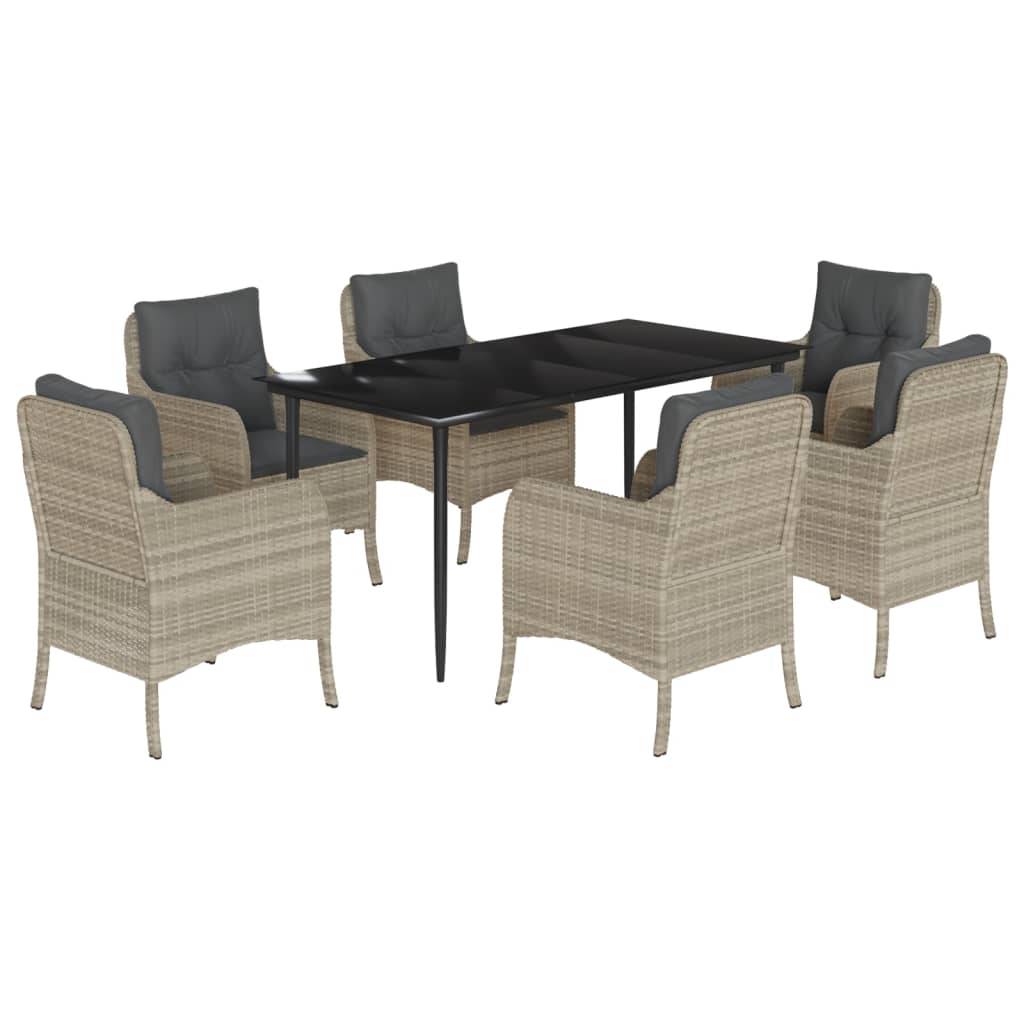vidaXL 7-tlg. Garten-Essgruppe mit Kissen Hellgrau Poly Rattan