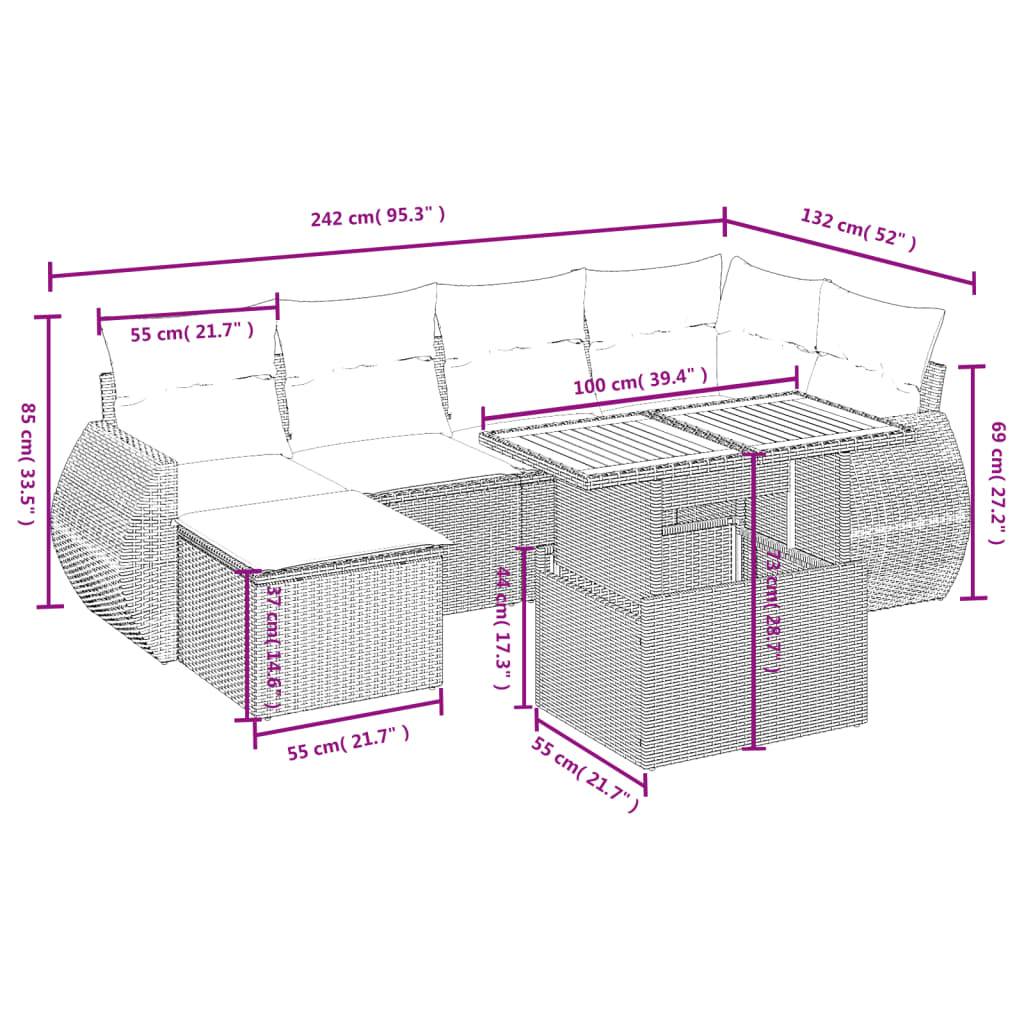 vidaXL 7-tlg. Garten-Sofagarnitur mit Kissen Schwarz Poly Rattan