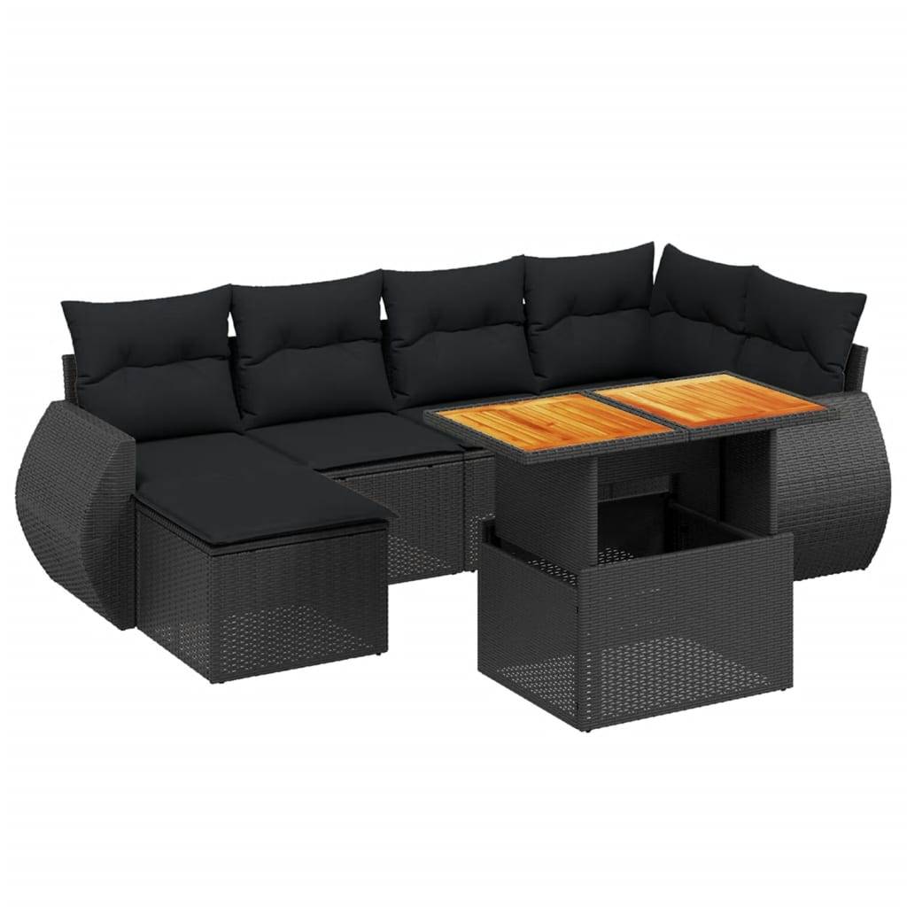 vidaXL 7-tlg. Garten-Sofagarnitur mit Kissen Schwarz Poly Rattan
