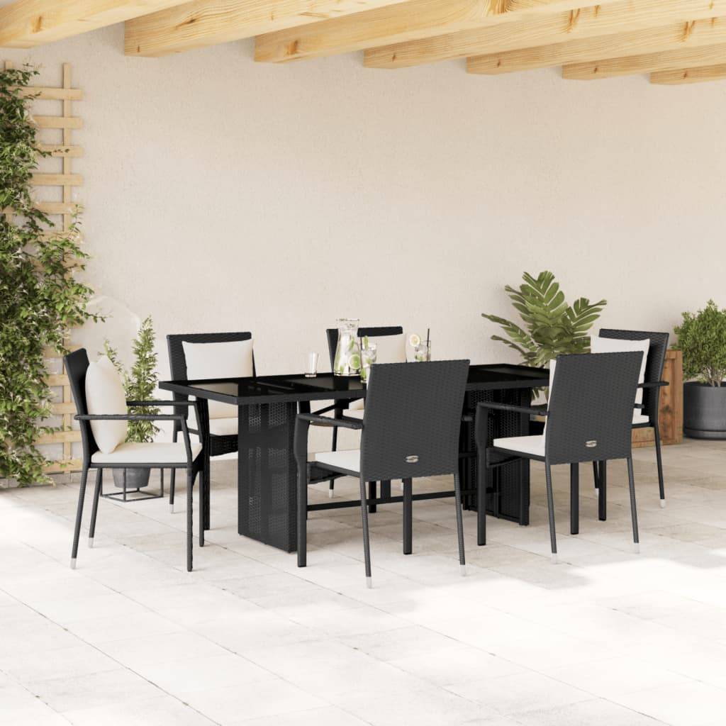 vidaXL 7-tlg. Garten-Essgruppe mit Kissen Schwarz Poly Rattan