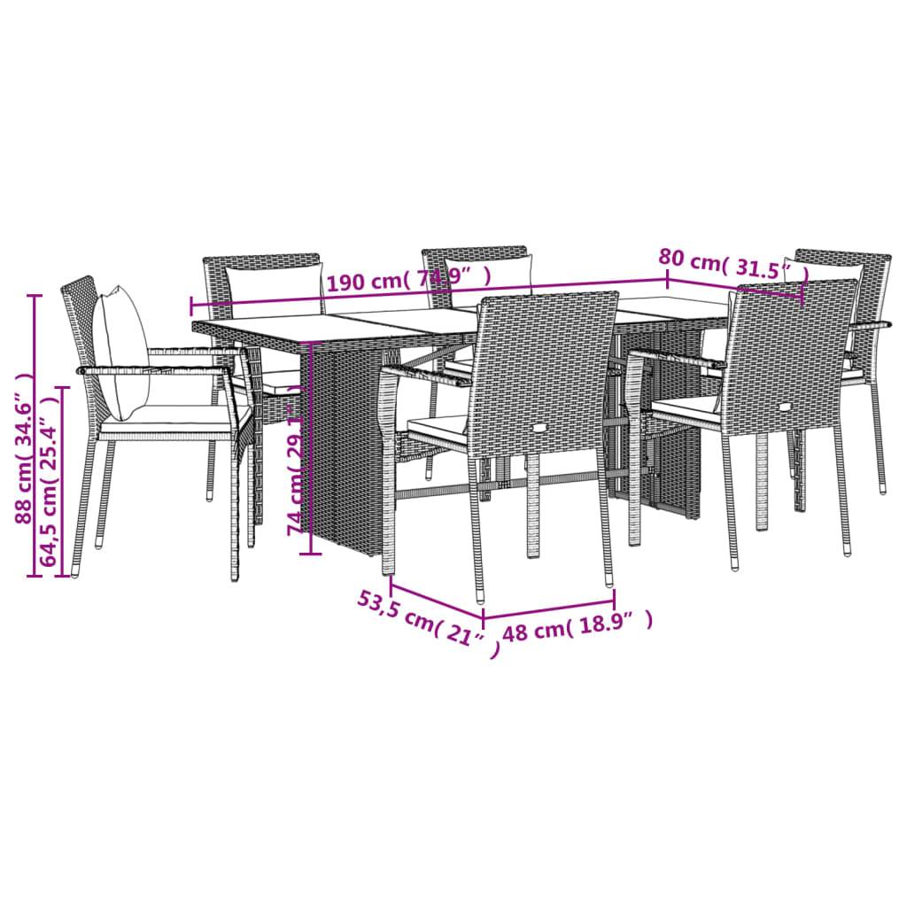 vidaXL 7-tlg. Garten-Essgruppe mit Kissen Schwarz Poly Rattan