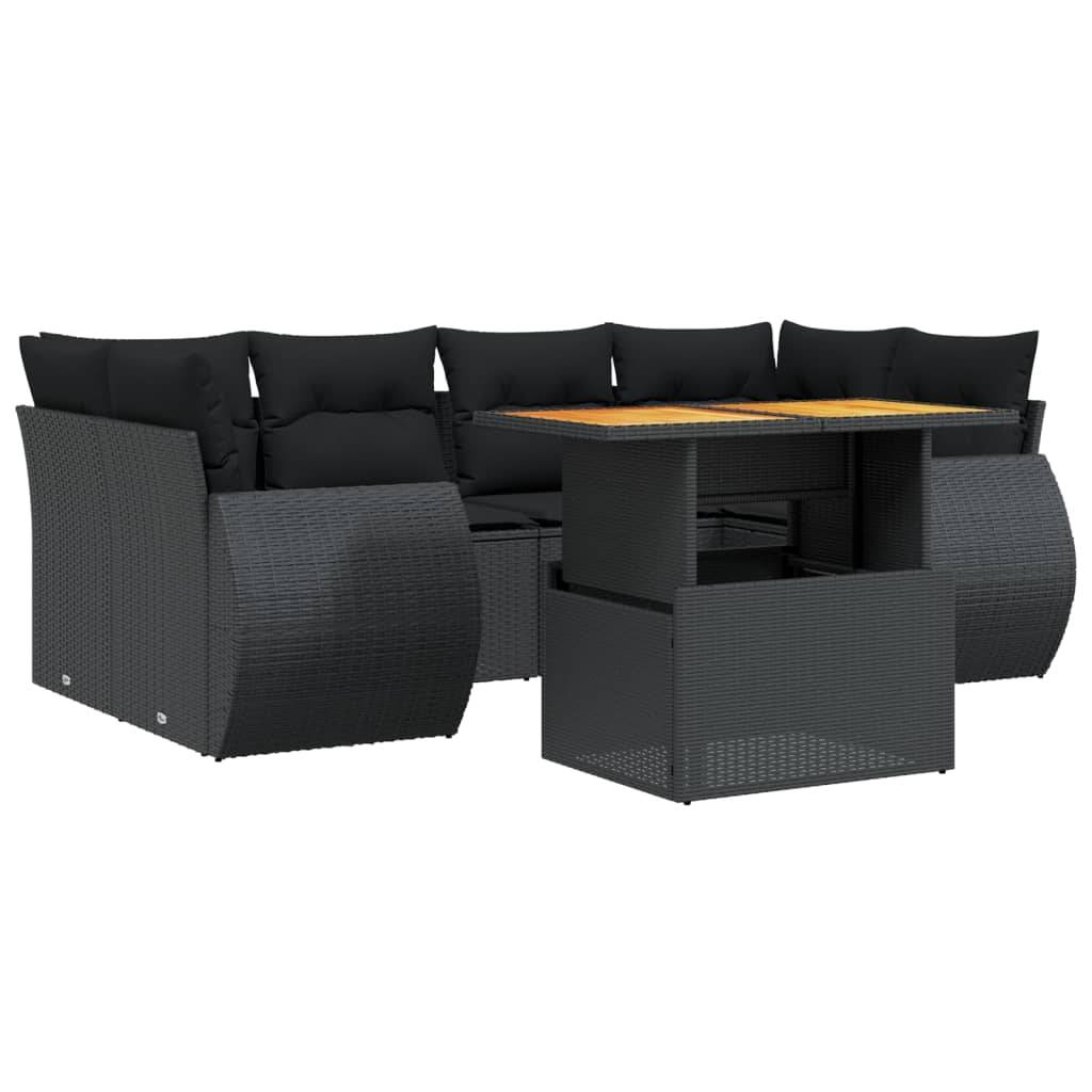 vidaXL 7-tlg. Garten-Sofagarnitur mit Kissen Schwarz Poly Rattan