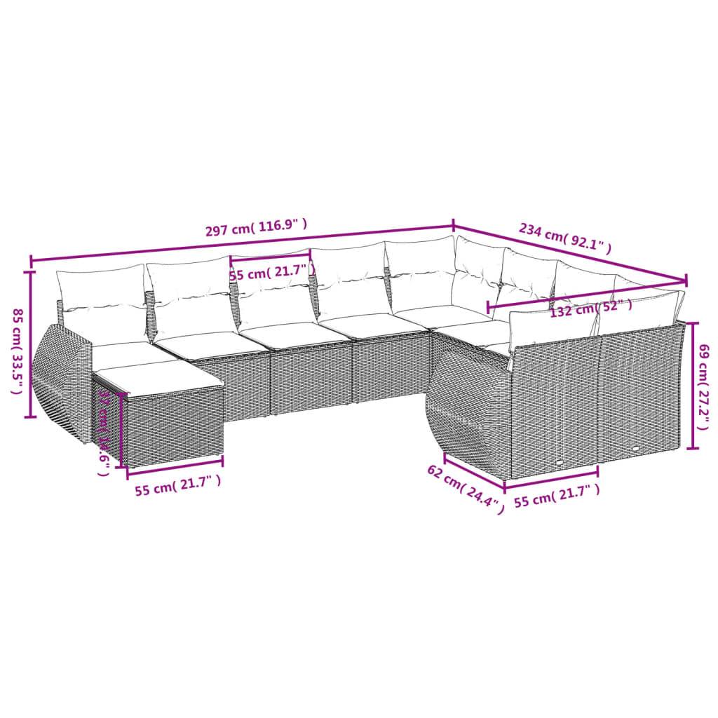 vidaXL 10-teiliges Gartensofa-Set mit Kissen, grau, Polyrattan