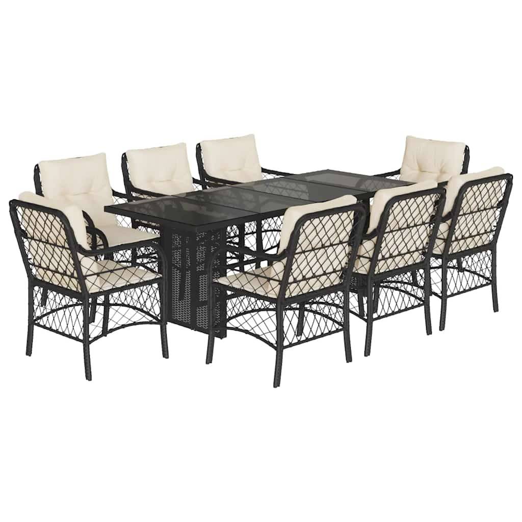 vidaXL 9-tlg. Garten-Essgruppe mit Kissen Schwarz Poly Rattan
