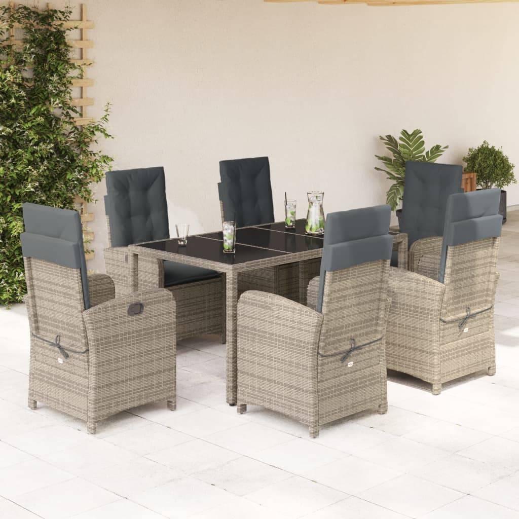 vidaXL 7-tlg. Garten-Essgruppe mit Kissen Grau Poly Rattan