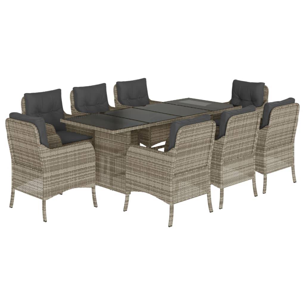 vidaXL 9-tlg. Garten-Essgruppe mit Kissen Hellgrau Poly Rattan