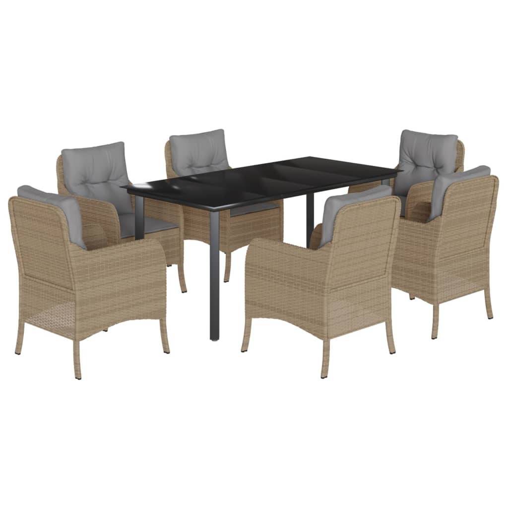 vidaXL 7-tlg. Garten-Essgruppe mit Kissen Beige Poly Rattan