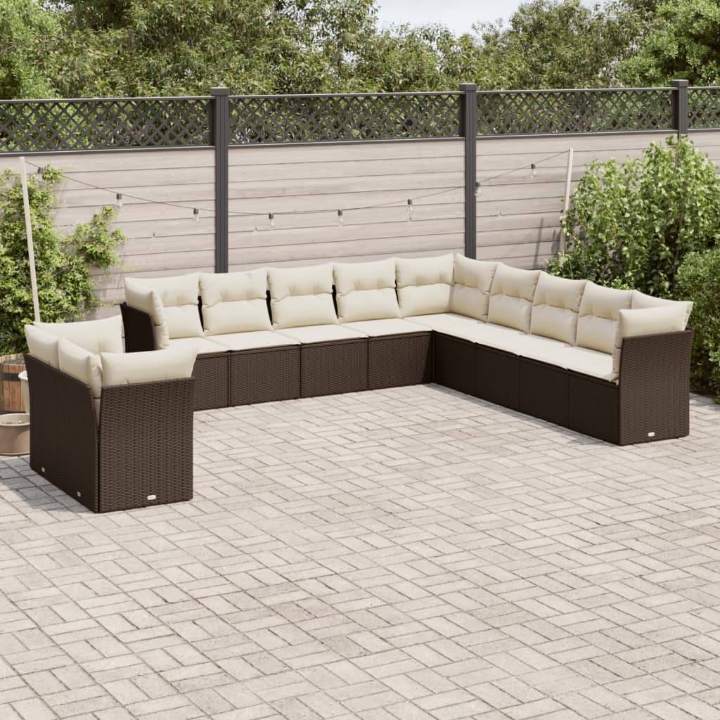 vidaXL 11-tlg. Garten-Sofagarnitur mit Kissen Braun Poly Rattan