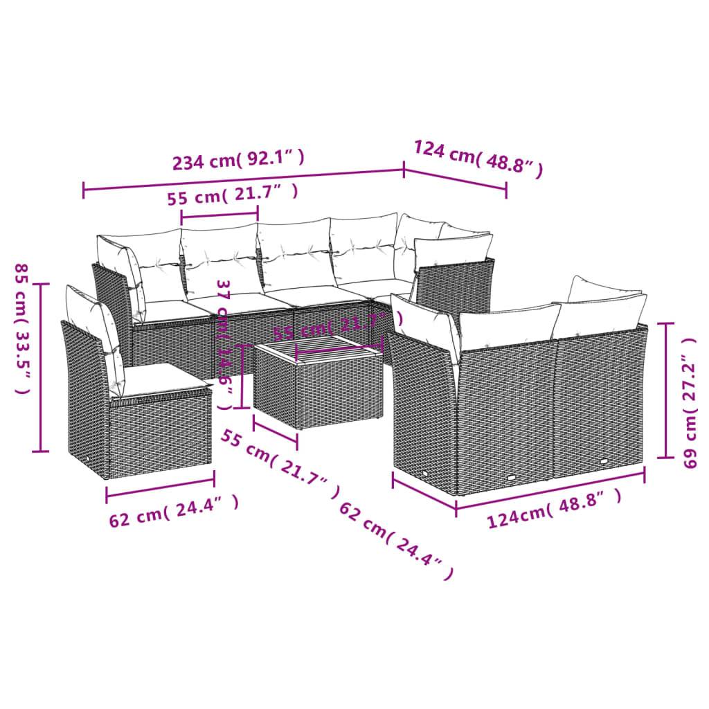 vidaXL 9-tlg. Garten-Sofagarnitur mit Kissen Schwarz Poly Rattan