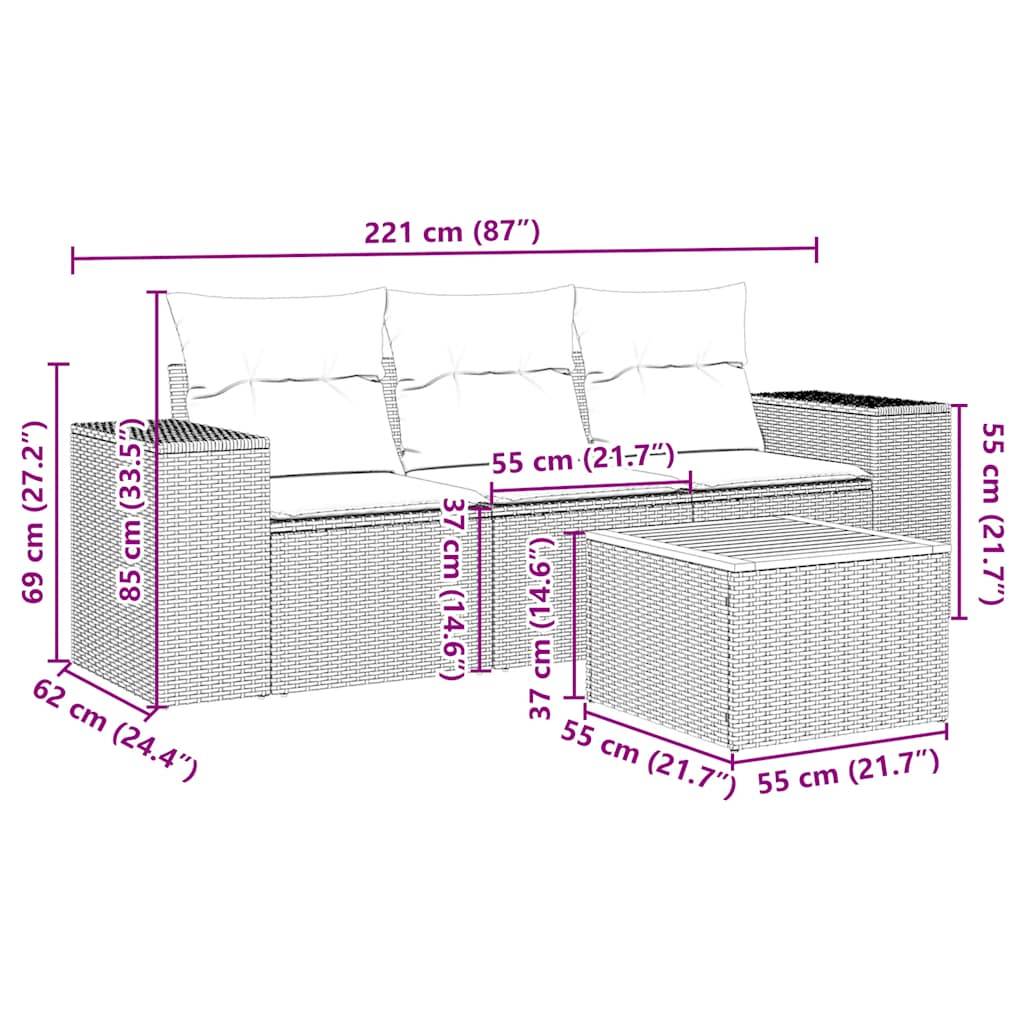 vidaXL 4-tlg. Garten-Sofagarnitur mit Kissen Schwarz Poly Rattan