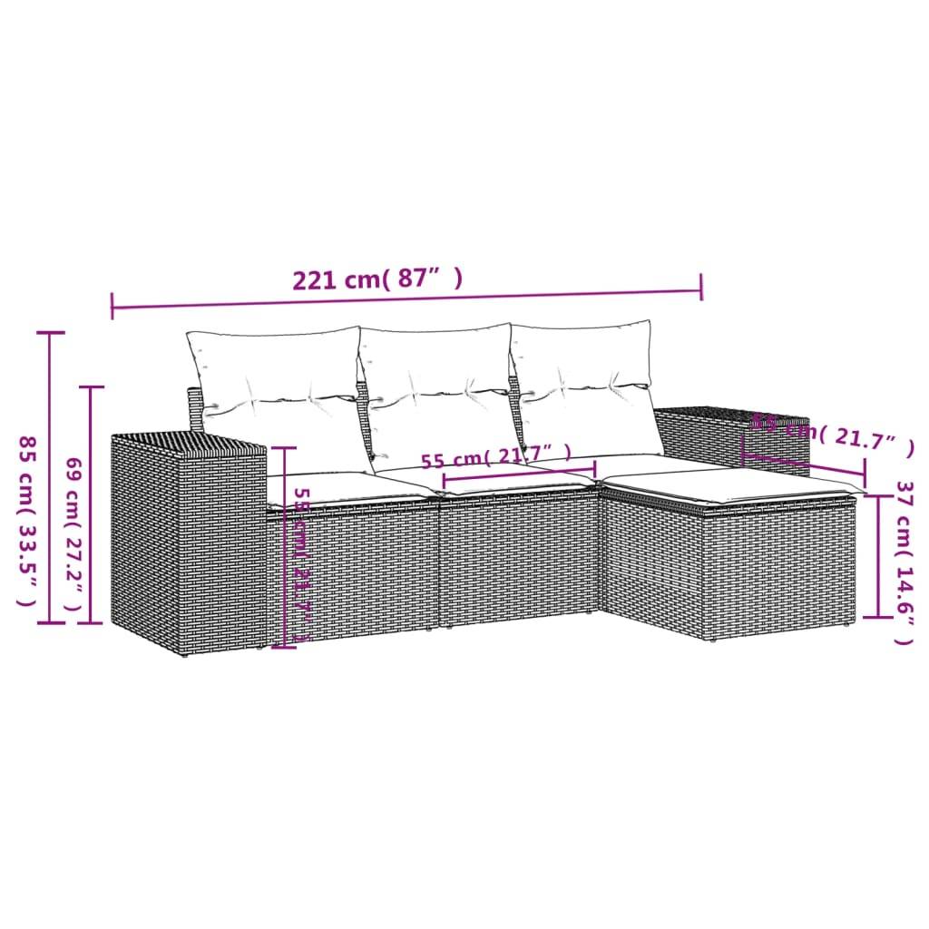 vidaXL 4-teiliges Gartensofa-Set mit Kissen, schwarzes Polyrattan