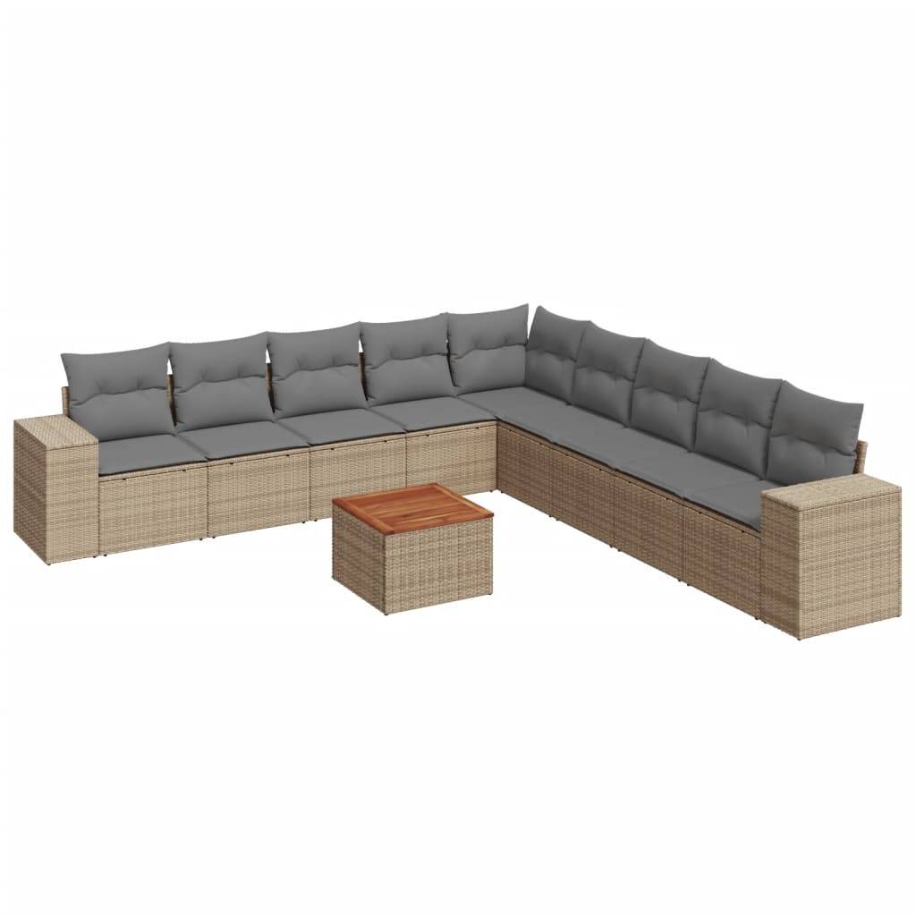 vidaXL 10-tlg. Garten-Sofagarnitur mit Kissen Beige Poly Rattan