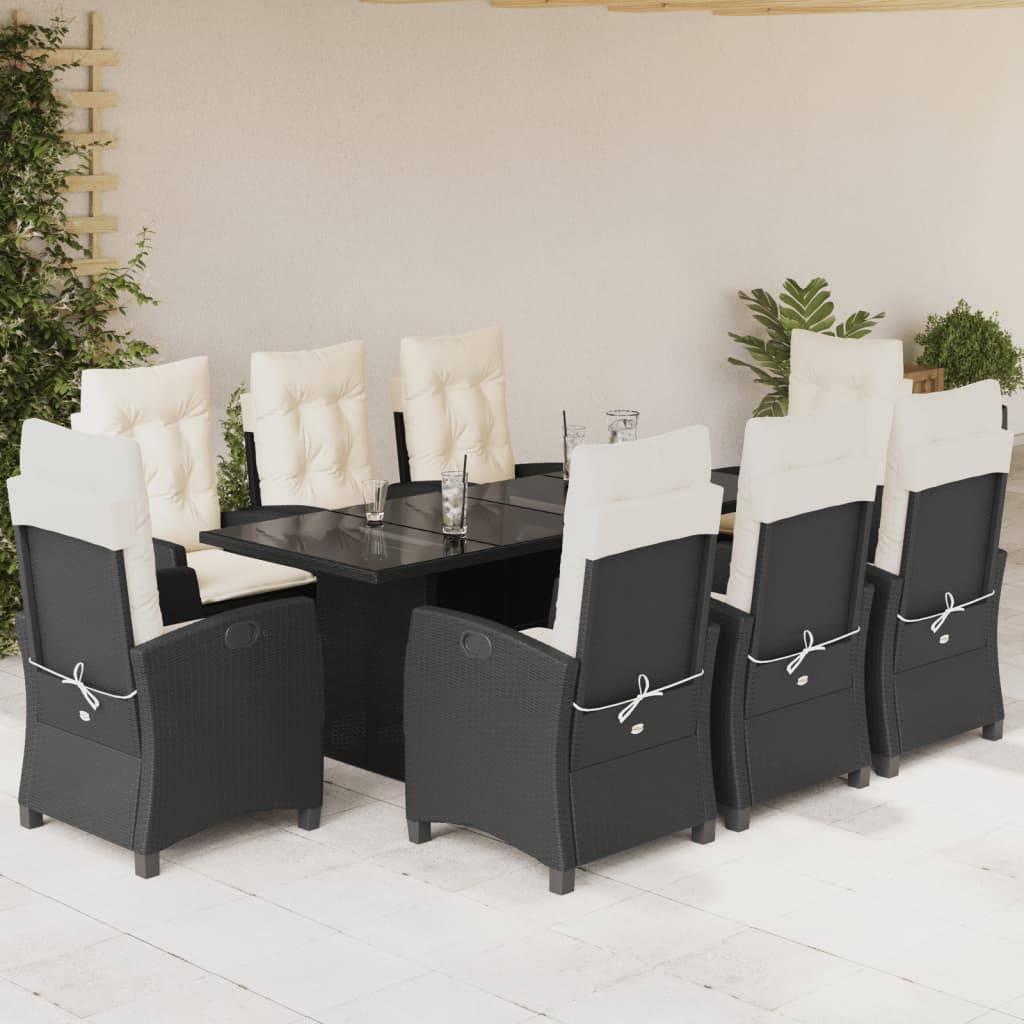 vidaXL 9-tlg. Garten-Essgruppe mit Kissen Schwarz Poly Rattan