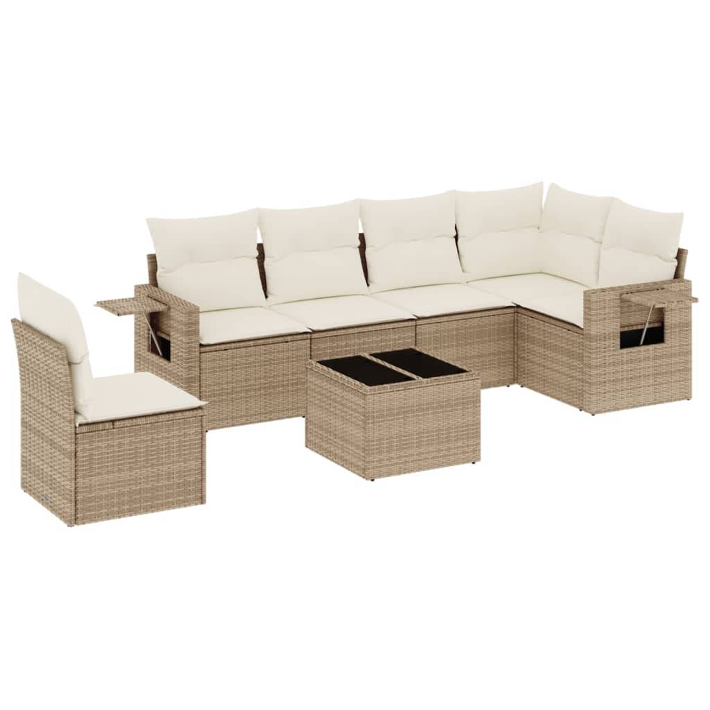 vidaXL 7-tlg. Garten-Sofagarnitur mit Kissen Beige Poly Rattan