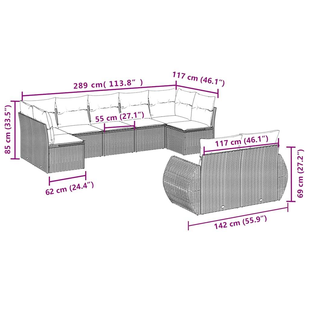 vidaXL 9-tlg. Garten-Sofagarnitur mit Kissen Schwarz Poly Rattan