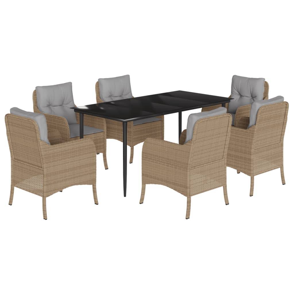 vidaXL 7-tlg. Garten-Essgruppe mit Kissen Beige Poly Rattan
