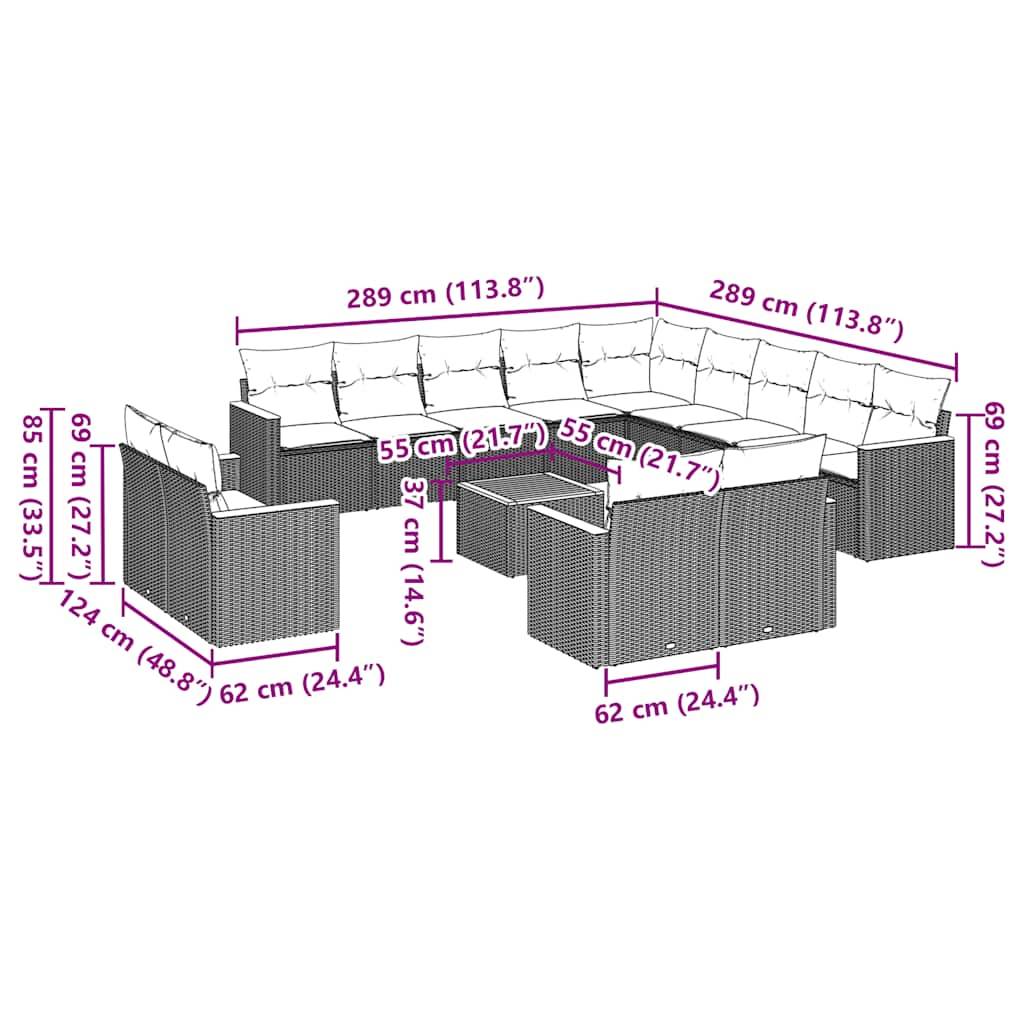 vidaXL 14-tlg. Garten-Sofagarnitur mit Kissen Schwarz Poly Rattan