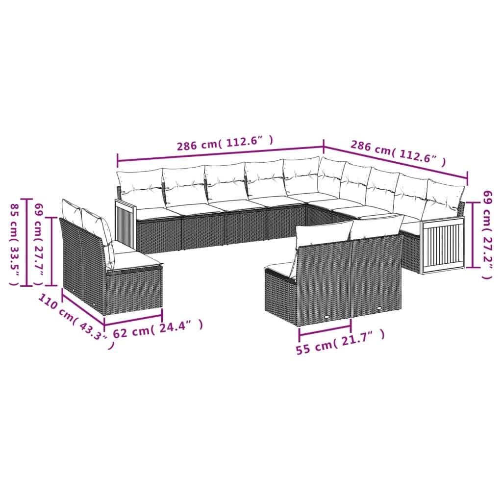 vidaXL 13-teiliges Gartensofa-Set mit Kissen, grau, Polyrattan