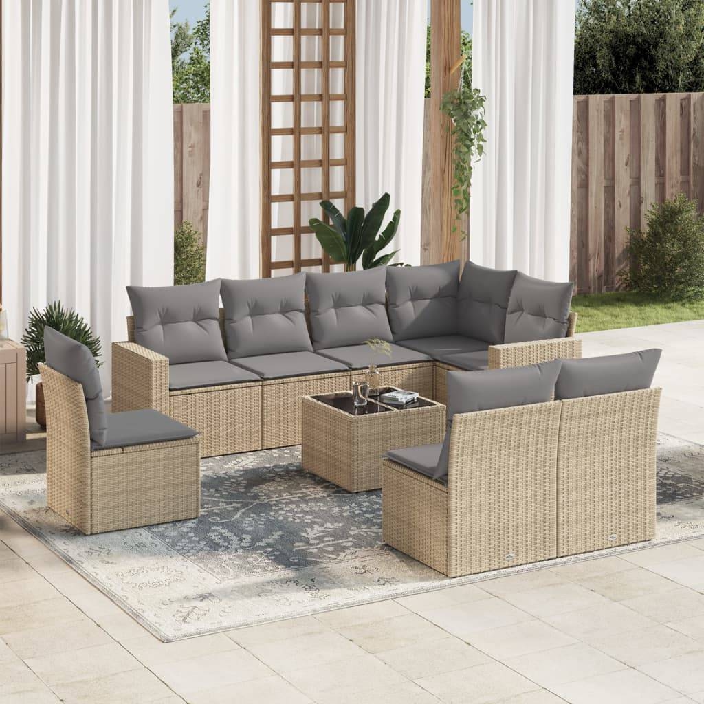 vidaXL 9-tlg. Garten-Sofagarnitur mit Kissen Beige Poly Rattan
