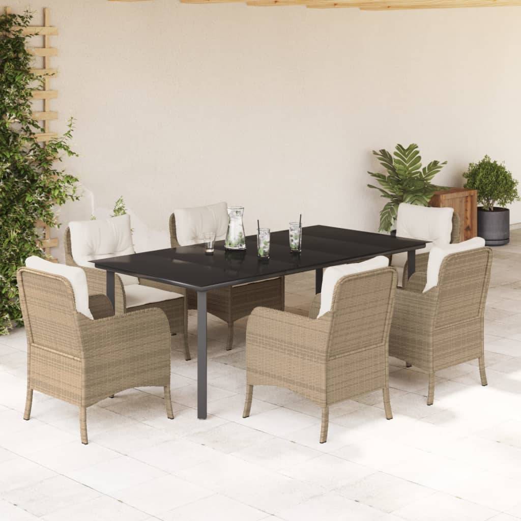 vidaXL 7-tlg. Garten-Essgruppe mit Kissen Beige Poly Rattan