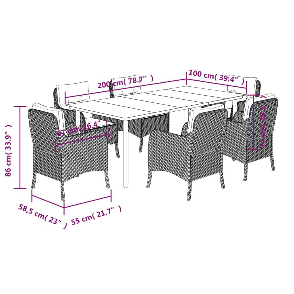 vidaXL 7-tlg. Garten-Essgruppe mit Kissen Beige Poly Rattan