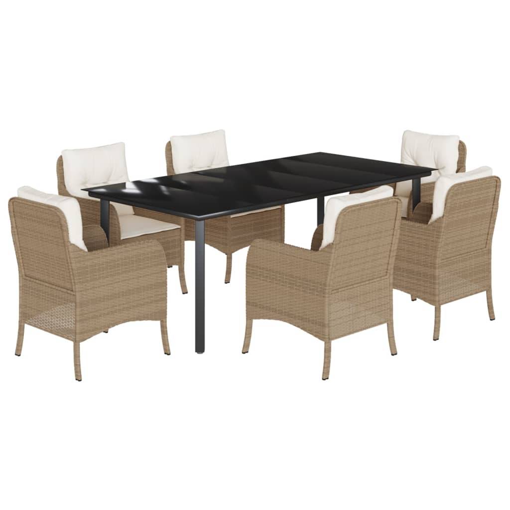 vidaXL 7-tlg. Garten-Essgruppe mit Kissen Beige Poly Rattan