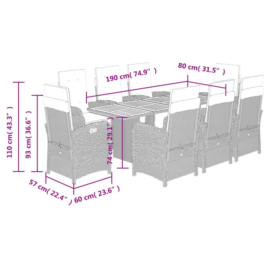 vidaXL 9-tlg. Garten-Essgruppe mit Kissen Grau Poly Rattan